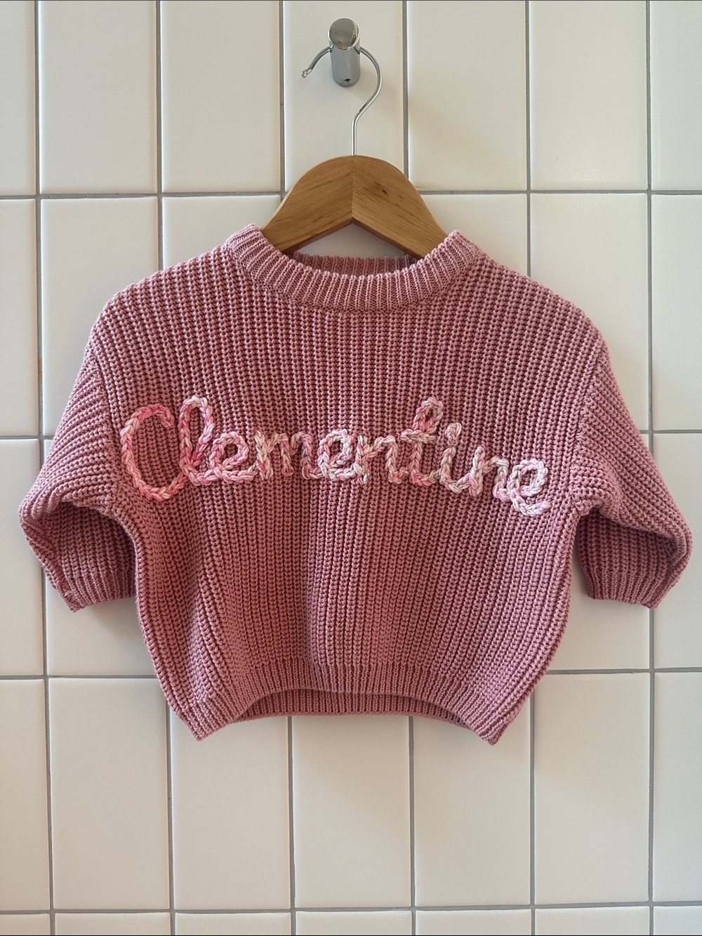 “Clementine” pink knit baby sweater, like new!